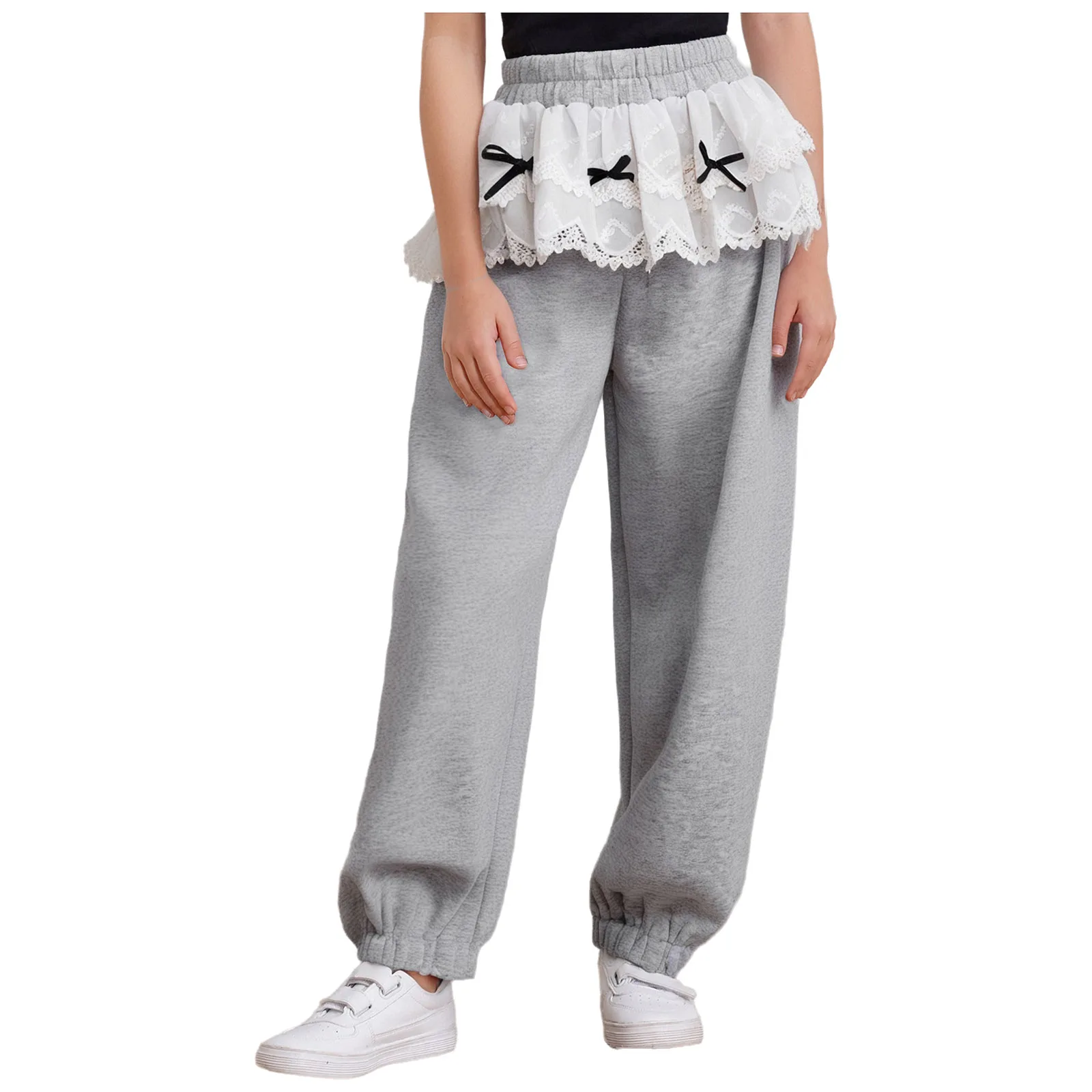 

Kids Girls Pants Cotton Cute Bowknot Lace Peplum Elastic Waistband Sweatpants Trousers with Pockets for Picnic School Holiday