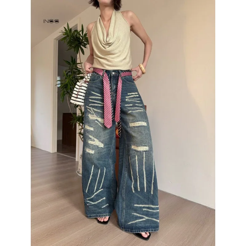 

Women's 2026 Spring Summer New High Waisted Loose Wide Leg Pants Y2K Straight Leg Pants Embroidered Denim Retro