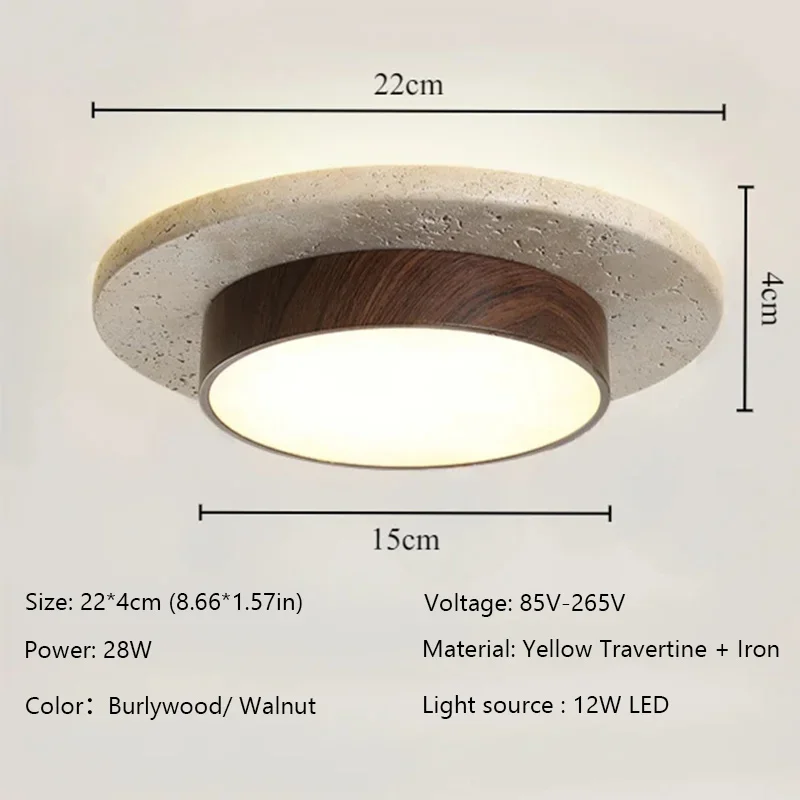 Stenen plafondlamp Ronde plafondlampen D22cm LED28w Wabi Sabi Retro Walnoot/Hout voor balkon Gangen Woonkamer Binnenverlichting