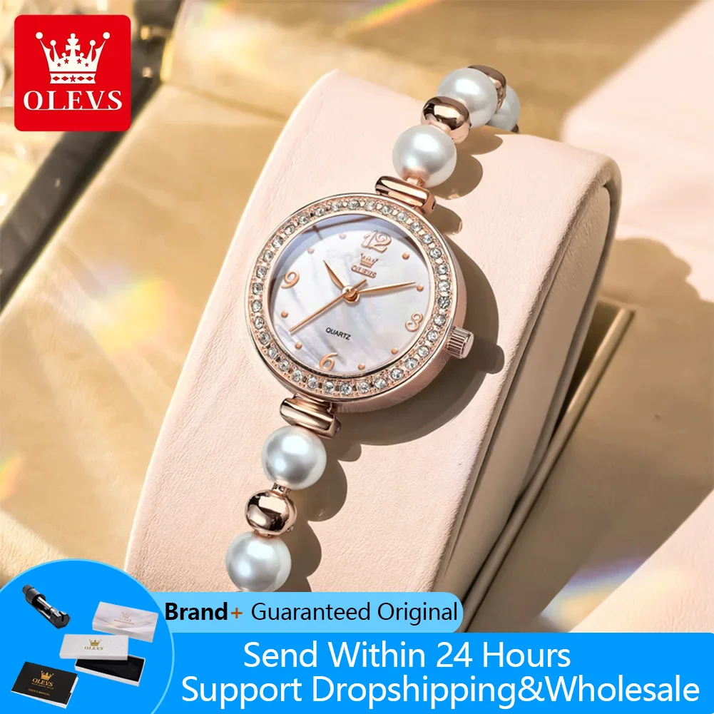 OLEVS 5640 Top Woman Watch Elegant Luxury Pearl Bracelet Quartz Wristwatches Diamond Bezel Waterproof Ladies Dress Watches Gifts