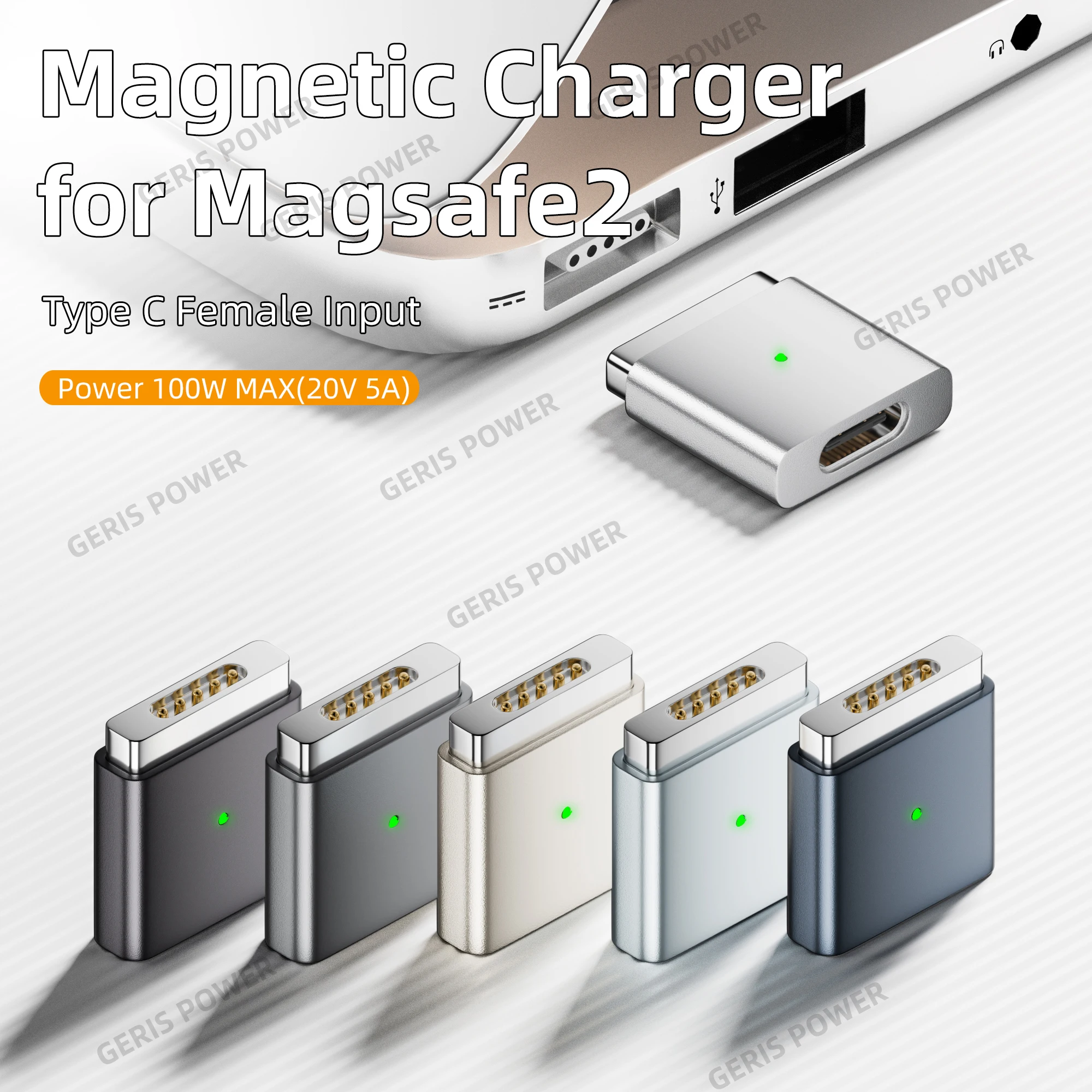 Conector de carregamento magnético pd100w 20v 5a usb tipo-c para magsafe 2 conversor para macbook air pro a1398/a1424/mc976/md506/me665