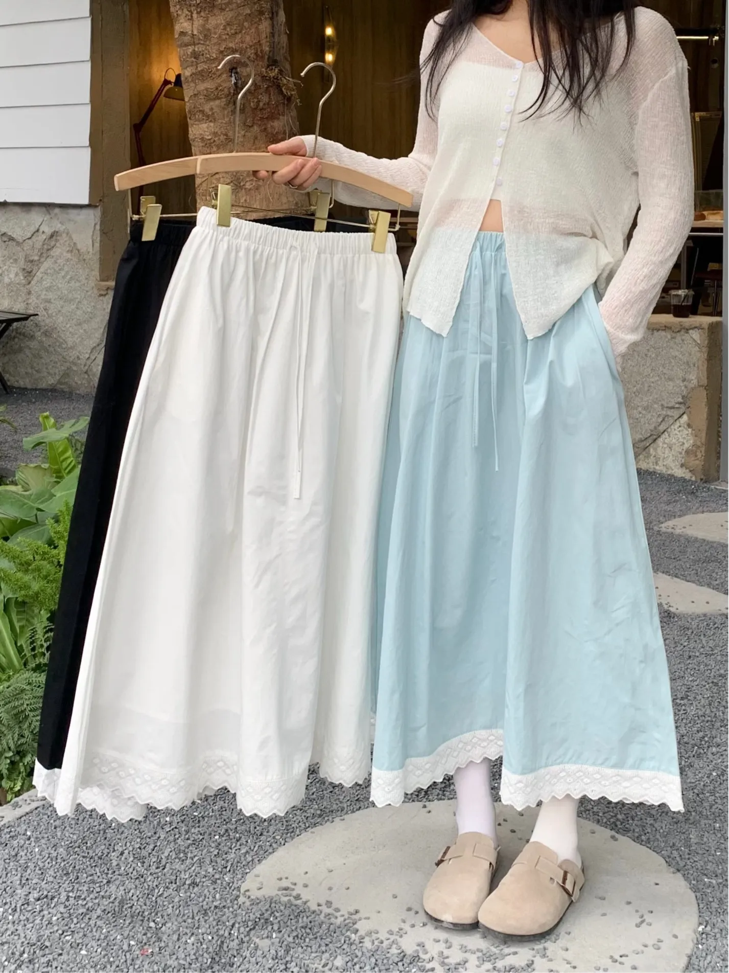 

Sweet Lace Trim Anti-Light Semi-Body Skirt Spring New Sle Elastic Long Skirt Polyester Fiber 00% Mid-Length A-Line Skirt