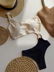 New Splicing Asymmetric One Shoulder One Piece Swimsuit Women Swimwear Female Metal Ring High Cut Bather Bathing Suit Swim