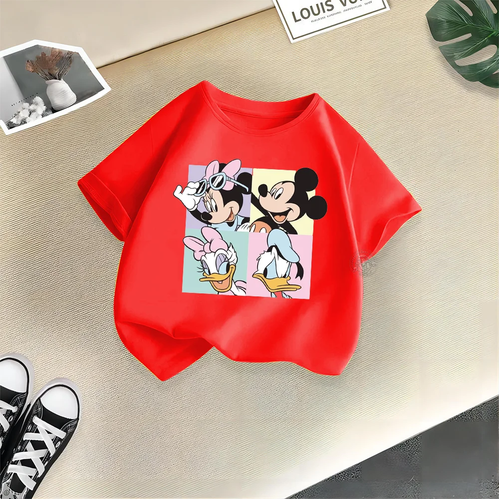 Disney Kids Summer 100% Cotton T-shirt Cartoon Mickey Minnie Fashion Print Teen T-shirt Top Boys Girls Comfortable Casual T-shir