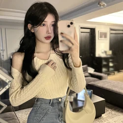 Geometric pattern Solid color Women's top Korean sweater Women's long sleeves Halter neck Women's pullover Temperament .