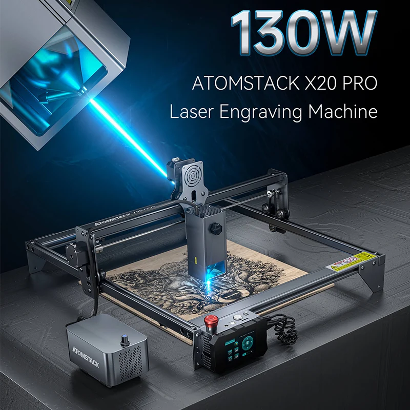Atomstack-máquina de grabado y corte Quad-Laser X20 A20 S20 Pro 130W, asistencia de aire integrada, mesa de trabajo de panal + rotativo R3 PRO