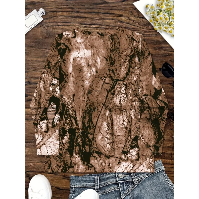 Women Plus Size Marble Print V Neck Long Sleeve Tee Vintage Abstract Painting Marble Veining Casual Elegant Fall Winter Layering
