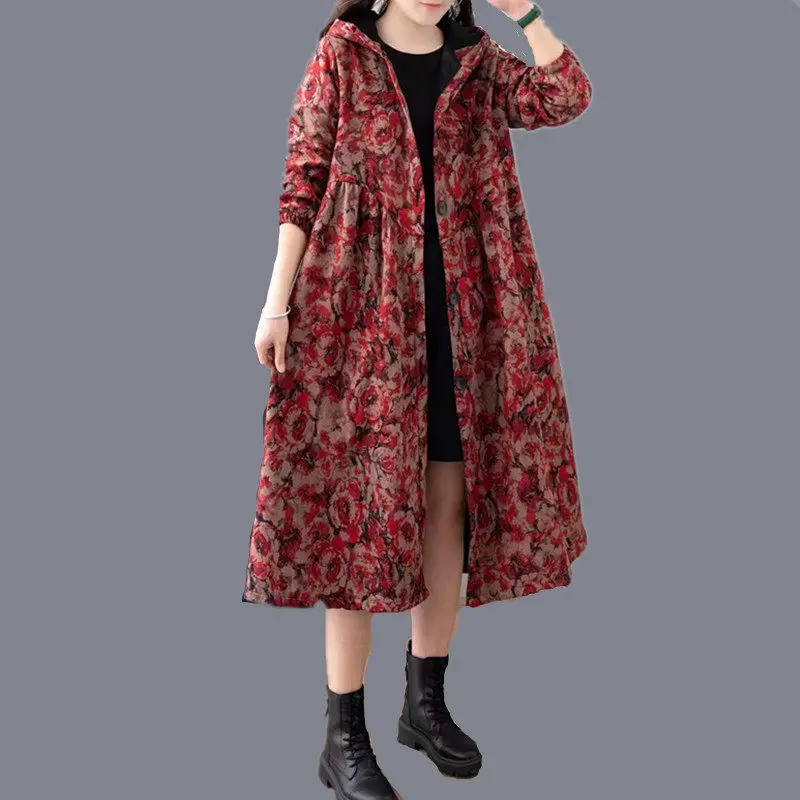 2022 New Plush Hooded Cotton And Linen Windbreaker Women\'s Autumn Winter Jacket Thickened Medium Long Floral Coat Overcoat T1543