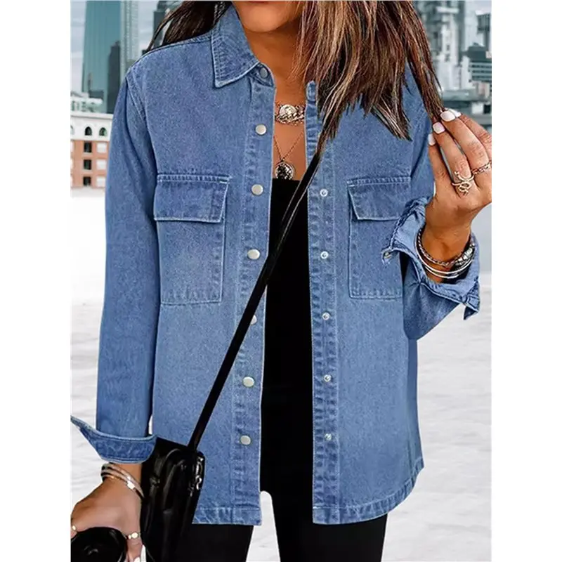 Giacca di jeans oversize da donna Camicie di jeans casual a maniche lunghe Giacca di jeans Distresse Abiti autunnali-LICG