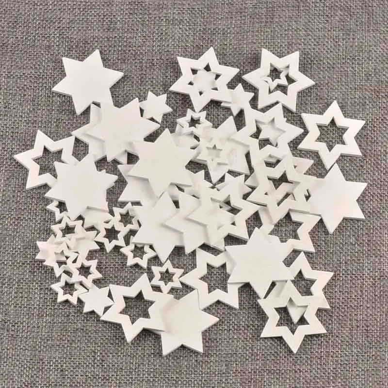 50Pcs 2-4cm Random Mix White Stars Hollow/Solid Wooden Ornaments DIY Scrpabooking Party Christmas Decor Handmade Supplies C4144