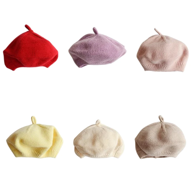 

Kids Hat Girls Baby Beret Hat Winter Warm Knitted Beanie Cap for Infant Korean Toddler Princess Artist Solid Color Painter Caps
