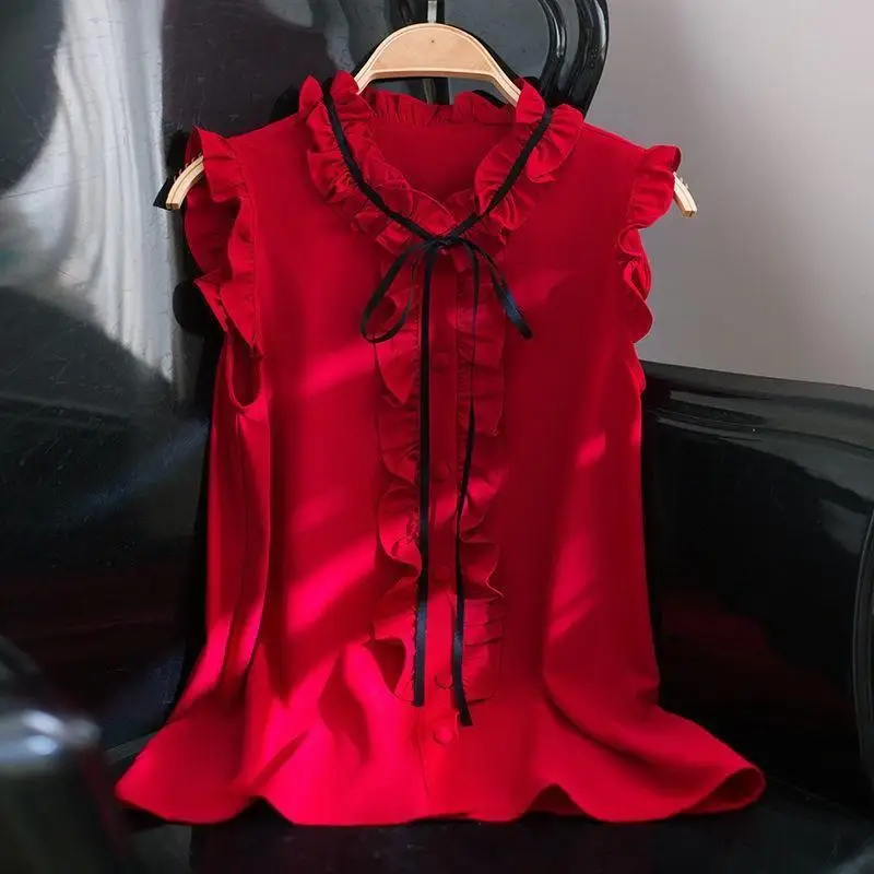 Summer New Women's Blouse Solid Color Ruffled Neck Button Spliced Ruffles Bow Fashion Sweet Loose Ventilate Sleeveless Shirt