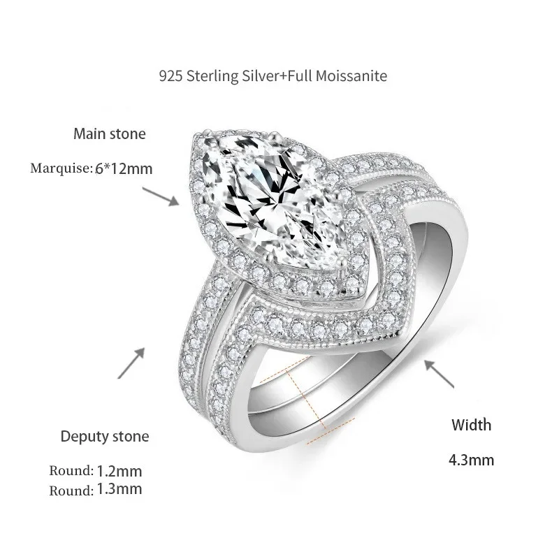 Follow Cloud 6*12mm 2ct Marquise Cut Full Moissanite Diamond Real 925 Sterling Silver Engagement Ring Set for Women Wedding Band