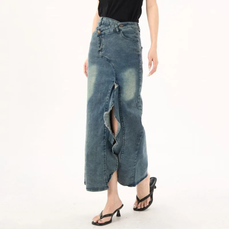 ANJY Summer New Women American Retro Denim Skirt Distressed Split Ruffles Asymmetric Streetwear Elegant Stylish Y2K Skirts A8888