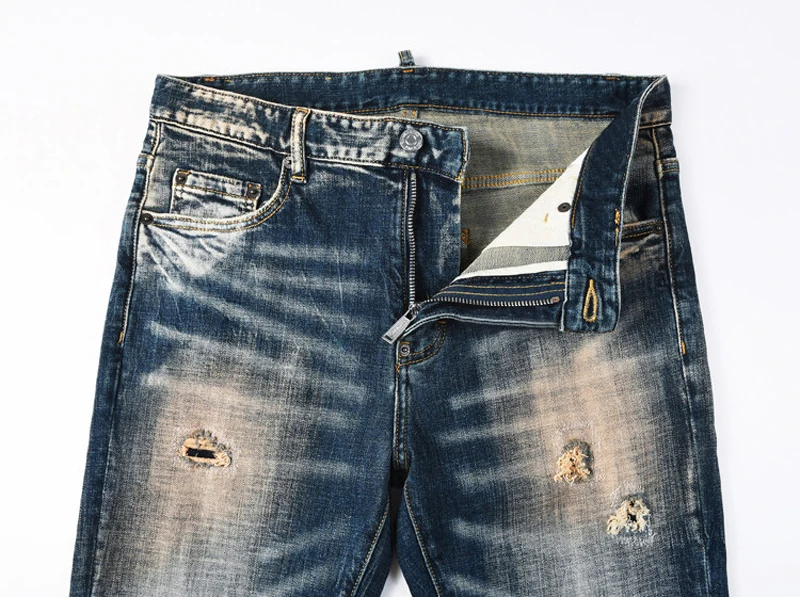 Men Yellow‑Blue Vintage Distressed Washed Ripped Stretch Slim Denim Jeans Retro Hip Hop Street Fashion Denim Jeans hombre
