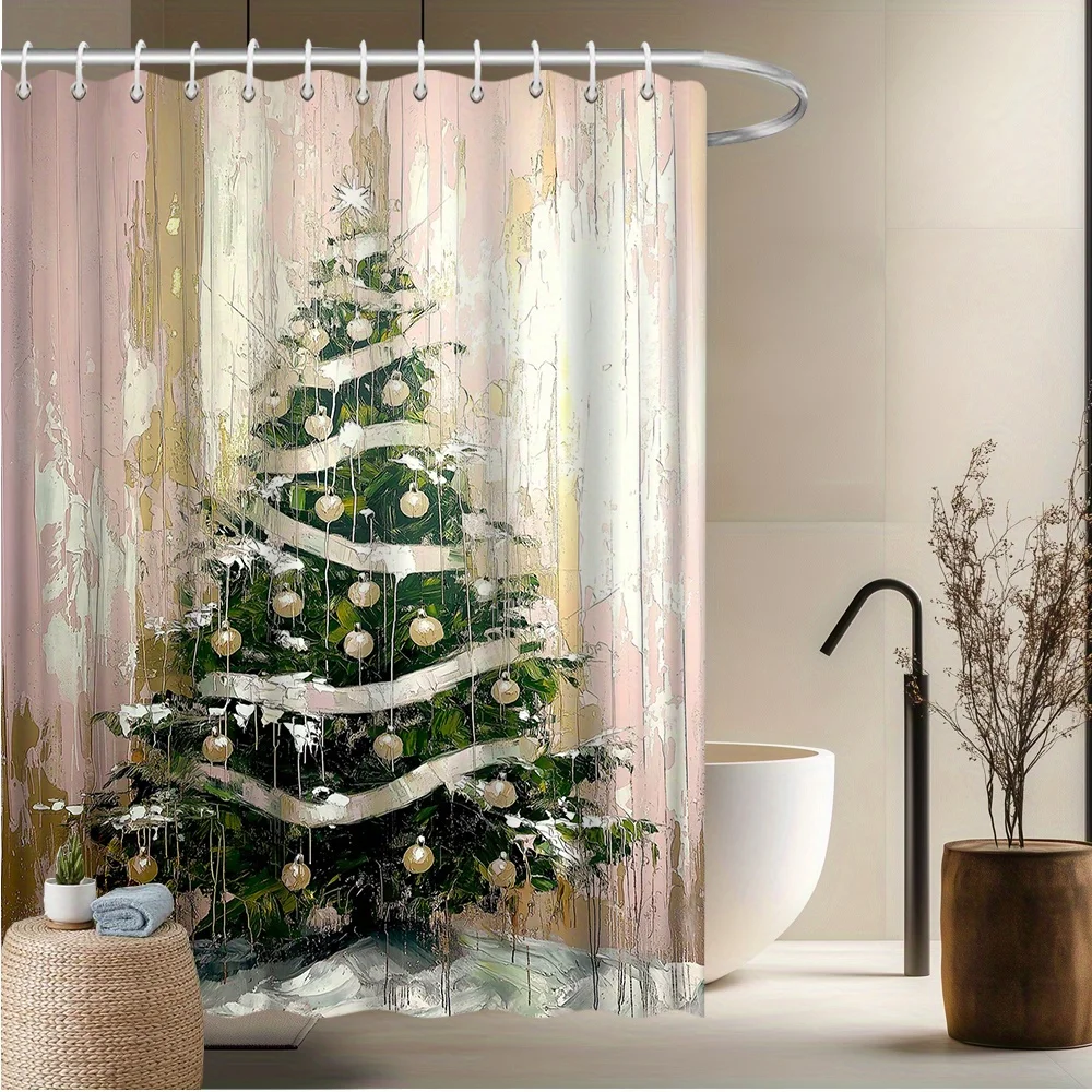 

1 шт. Рождественская елка с украшениями Занавеска для душа - Рождественская елка из полиэфирной ткани с безделушками Розовый и золотой фон для