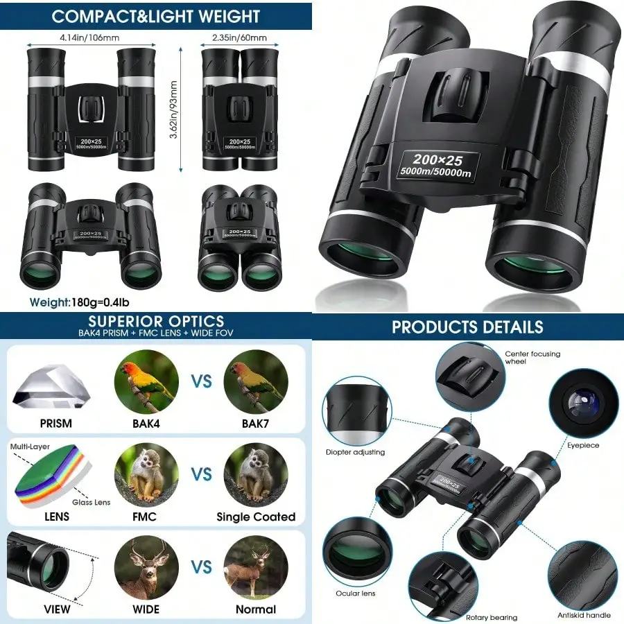 200x25 Compact Binoculars For Adults And High Powered Mini Pocket Binoculars Waterproof Small Binoculars For Bird Watching Hunting Concert Theater Opera Traveling SightseeingSafe For Eyes And Easy To Operate