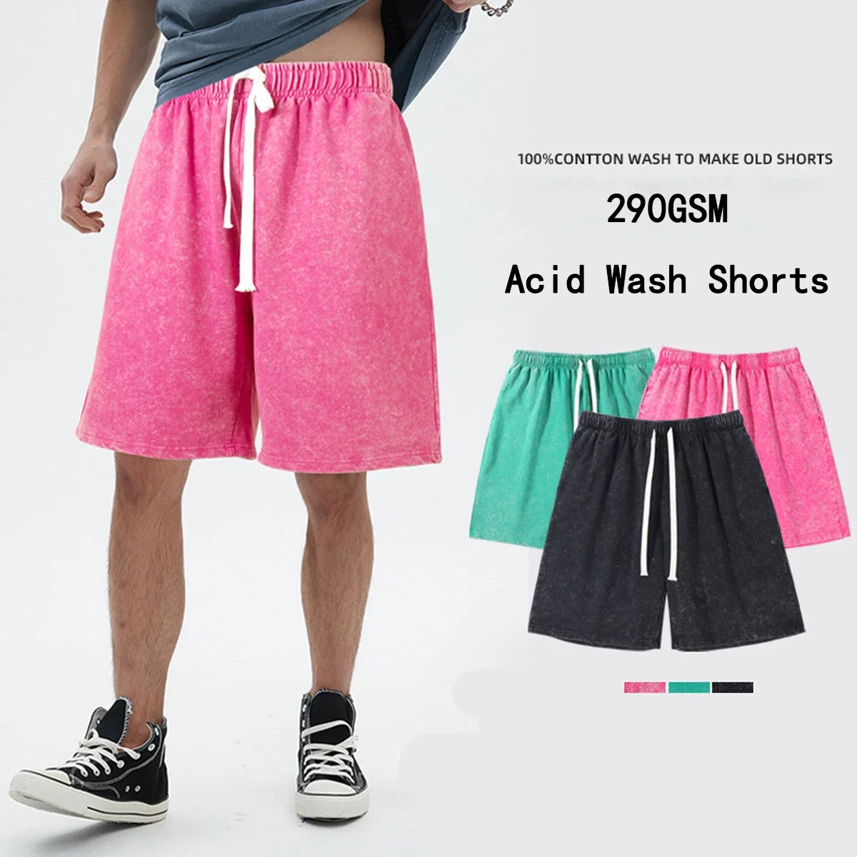 290 Gsm Cotton Men's Acid Wash Shorts Summer Casual Vintage Hip Hop Loose Shorts