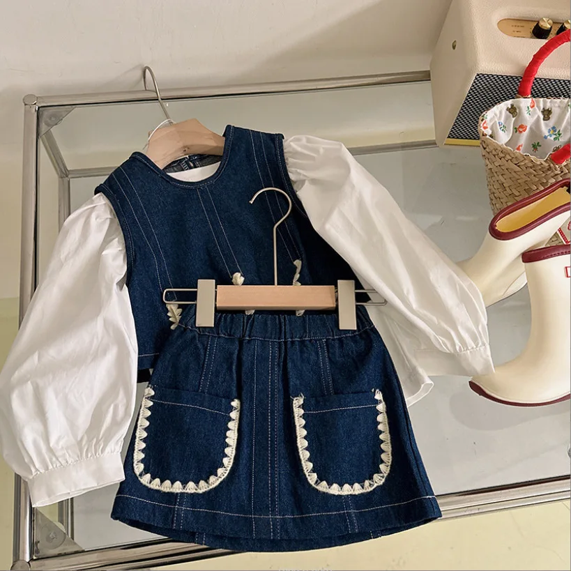 

Childrens Sets New Autumn Season Creative 2025 Embroidery Girls Cowboy Three Piece Korean Elastic Waist Pocket Sweet