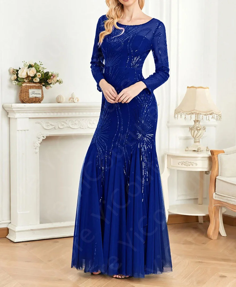 فساتين سهرة أنيقة مخصصة باللون الأزرق الملكي حورية البحر فساتين حفلات بأكمام طويلة متألقة لحفلات الزفاف خط عنق الوهم #2