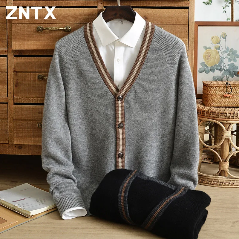 

ZNTX Winter thickened cashmere sweater cardigan men V-neck youth casual autumn and winter loose knit sweater men's coat simple