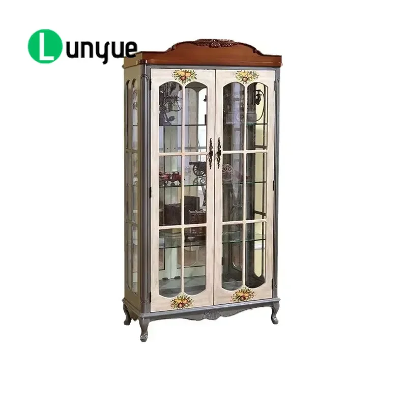 European American Country Style Solid Wood Wine Cabinet Double Door Mediterranean Painted TV Sideboard Home Furniture Storage