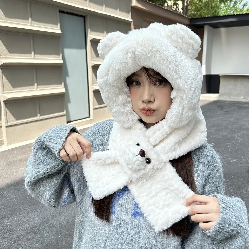 Fashion Cartoon Bear Ear Hat Warm Solid Color 2 in 1 Plush Scarf Windproof Earmuff Winter Neckerchief Ladies