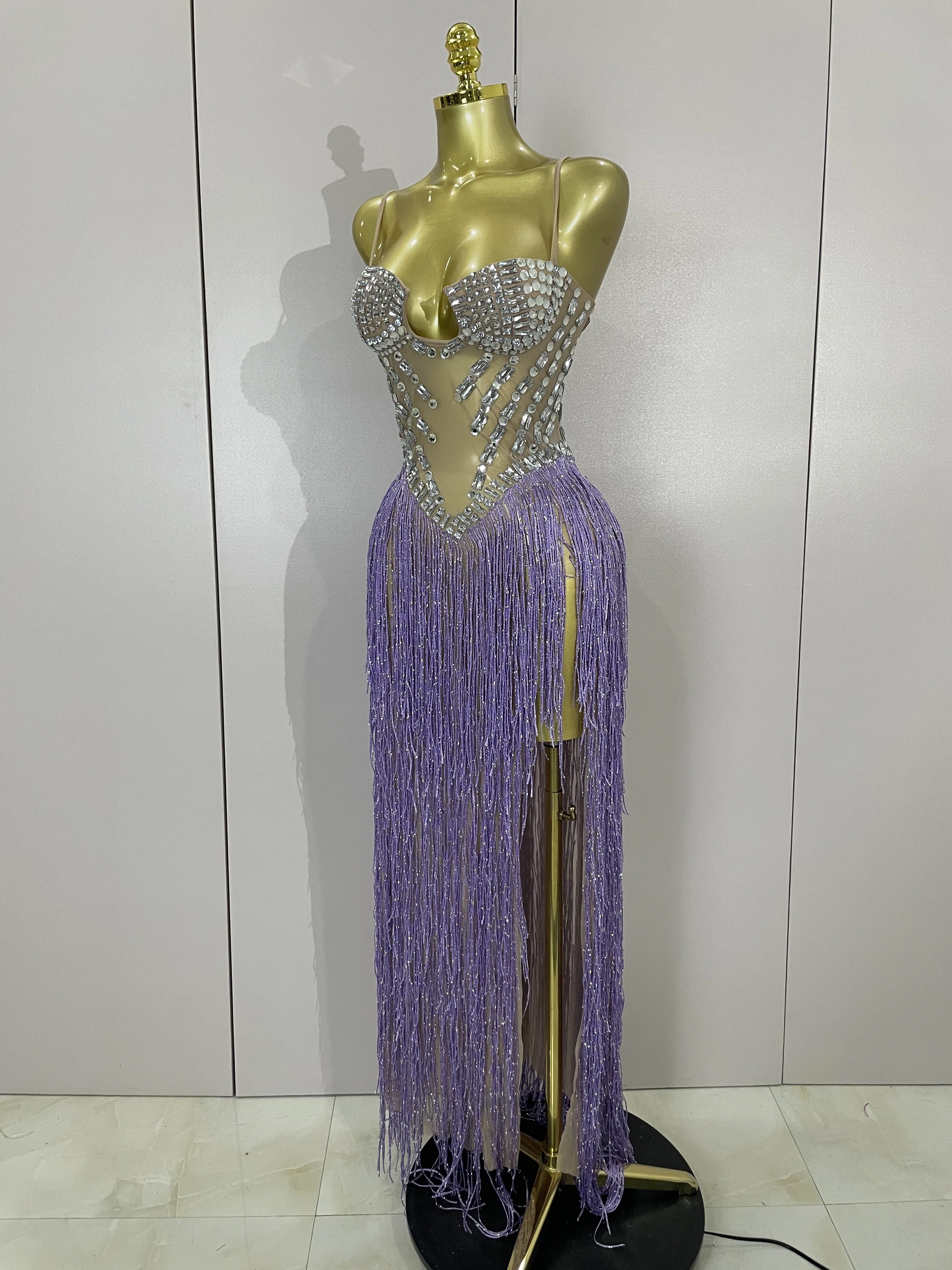 Robe longue transparente en maille pour femmes, Sexy, luxe, strass, paillettes, pompon, soirée, bal, discothèque, Costume de scène