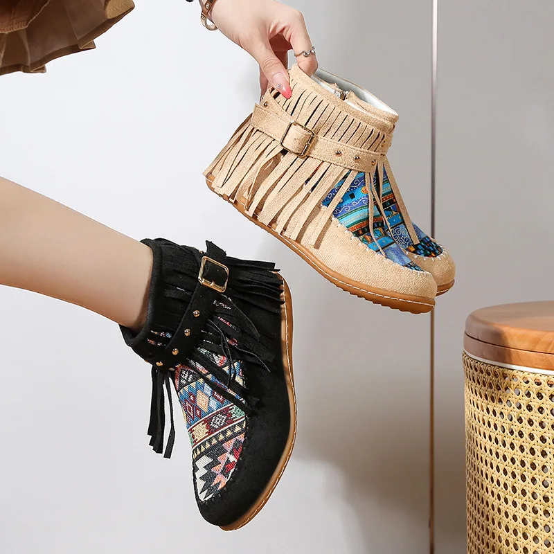 2025 خريف شتاء جديد الغربية حذاء من الجلد للنساء البوهيمي هامش مريح الجلد المدبوغ حذاء مسطح مع حزام مشبك رصع #2
