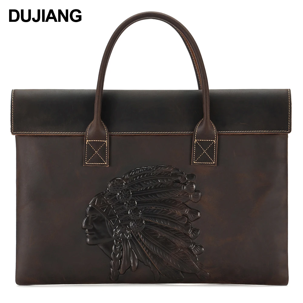 

Business Vintage Pattern Embossed Crazy Horse Leather Handbag Laptop Bag Genuine Leather Men Briefcase for Laywer Office