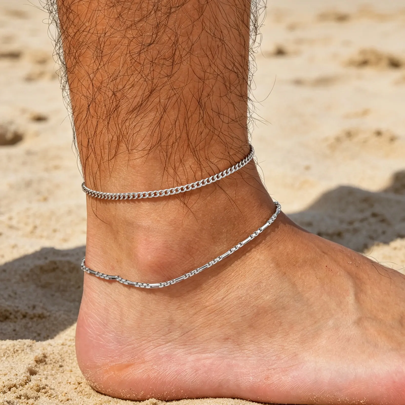 2 Stück Herren-Ketten-Fußkettchen, Hip-Hop Wasserdichtes Edelstahl Kubanisches Gliederarmband, Sommer-Strandschmuck für Jungen und Männer – Detail 1