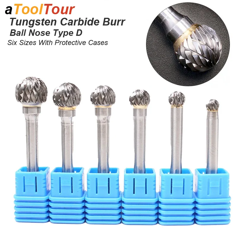 Type D Ball Nose Tungsten Carbide Burr Double Cut Die Grinder Bit Rotary File for Metal Deburring Grinding Wood Carving 6-16mm