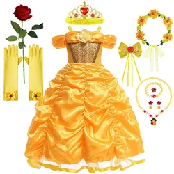 Belle Luxury Princess Dress For Girls Cartoon Movie Role Playing Costume Lace Sequins Tulle Frocks Kids Birthday Surprise Gift