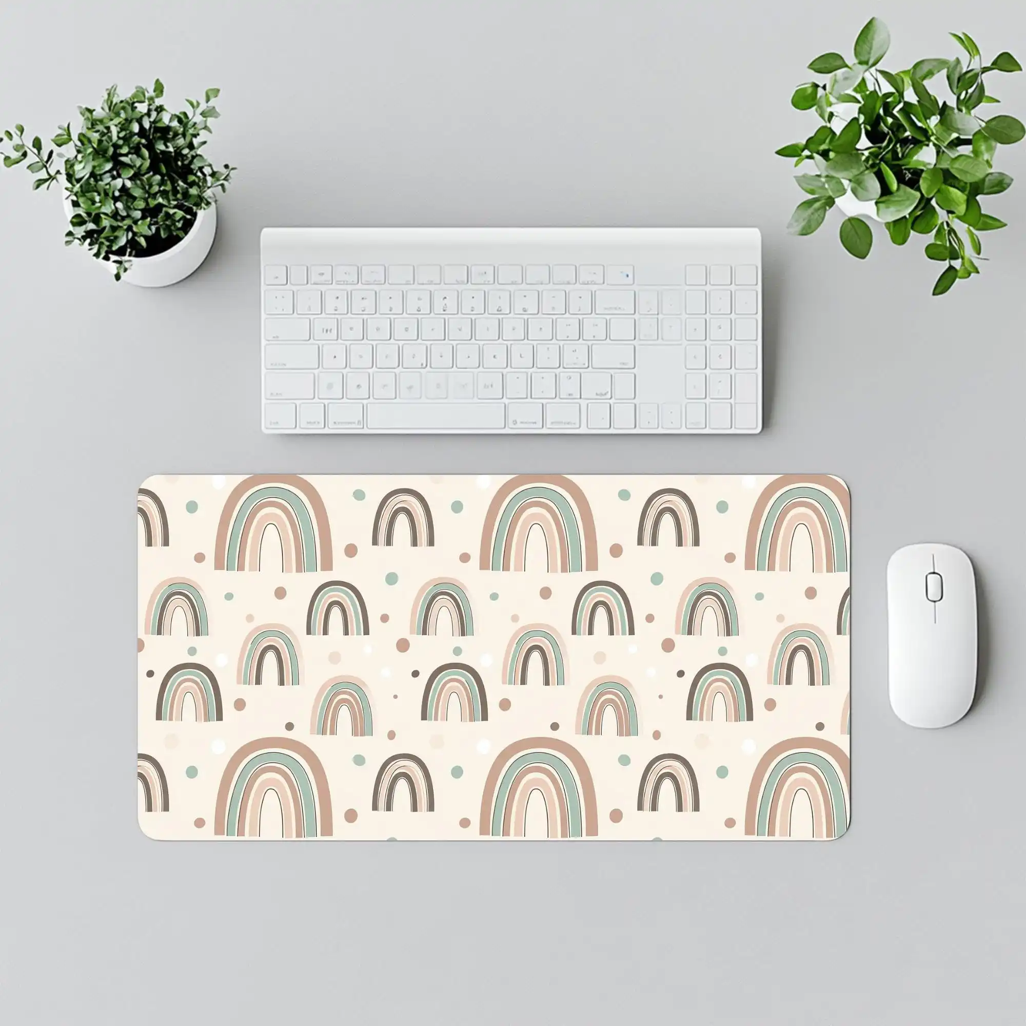 Neutral Bohemian-style Rainbow Deskmat,pastel Beige,tan,and Sage Green Gaming Mat,suitable for Modern Office and Home Workspaces