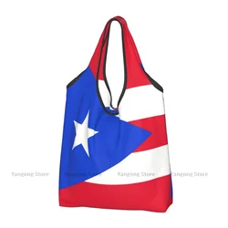 Folding Shopping Bag Puerto Rico Flag Reusable Portable Shoulder Handbag for Travel Grocery Pocket Tote