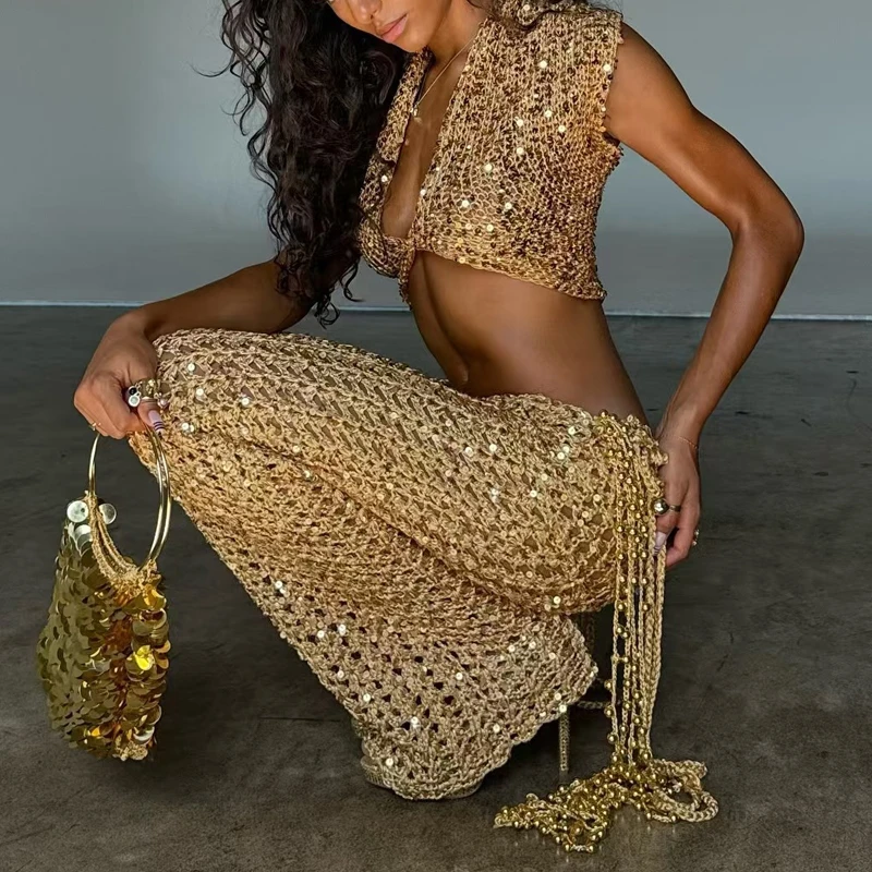 Sexy spicy girl hollow out shiny bead waist exposed street style set fashionable party cool girl personality casual set