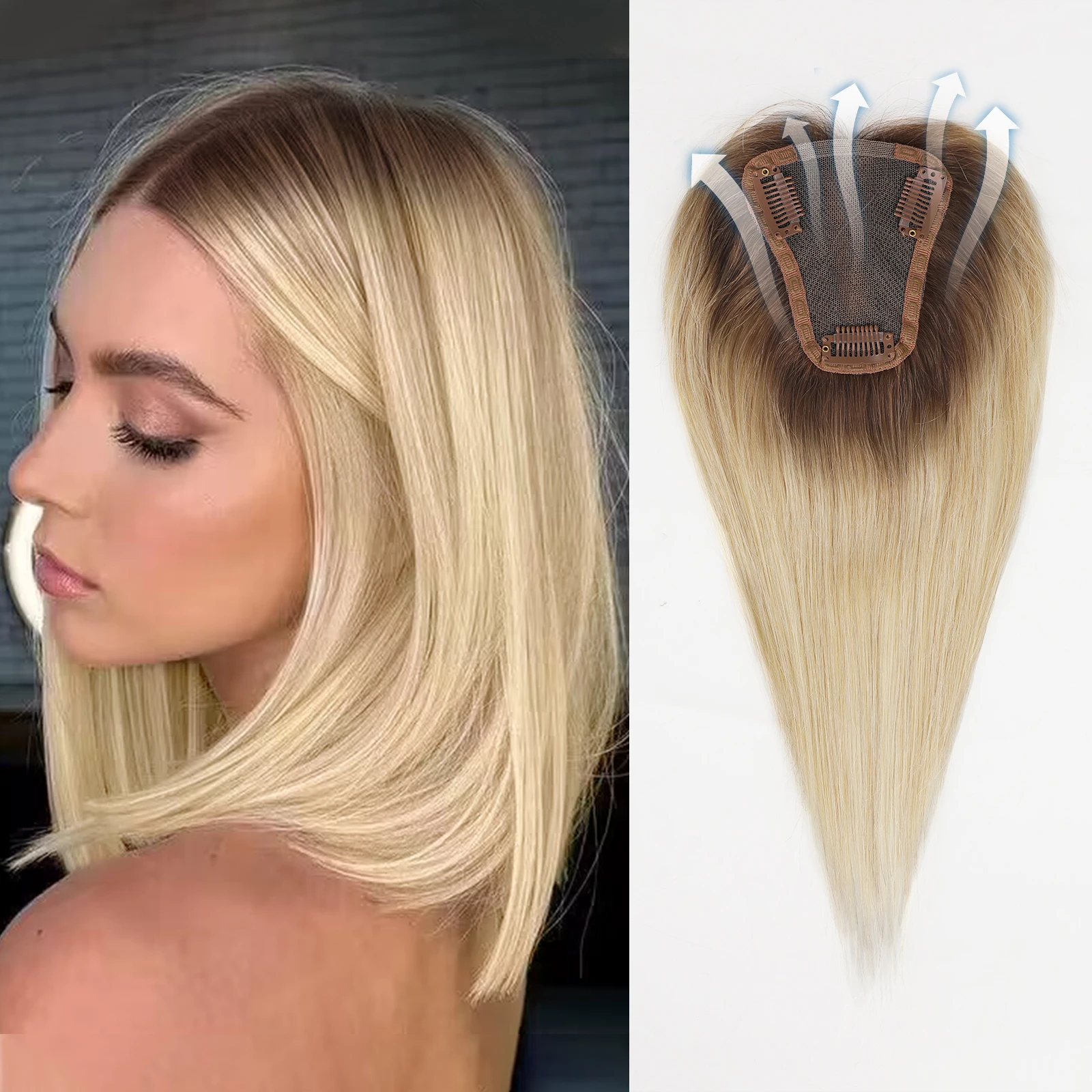 Blonde Golden 100% Remy Human Hair Topper Middle Part 12 Inch Silk Base Top Hairpieces Clip In Hair Extensions for Women image 3