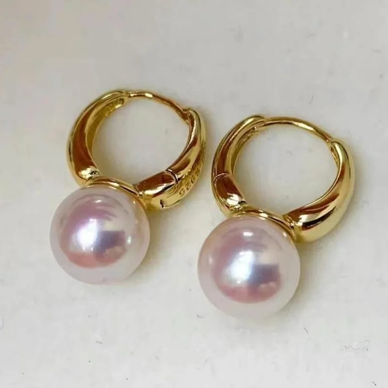 

SGARIT Trending Jewelry 9-10mm S925 Sterling Silver Natural Freshwater Aurora Round Pink Pearl Hoop Earring Jewellery For Party