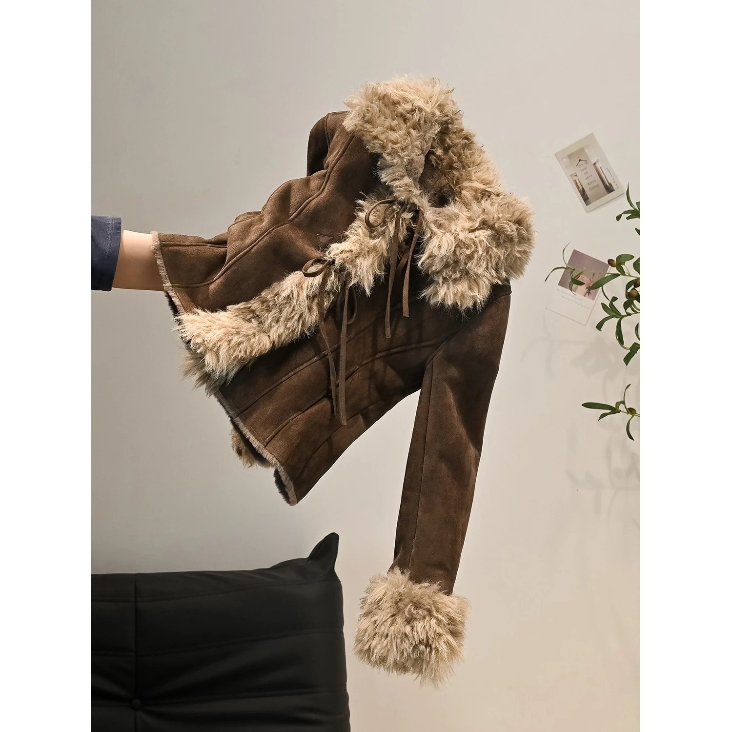 

Off Vintage Brown Leather And Fur ort Coat Women's Winter Small Size Thiened Deer Skin Velvet Inteated Jaet