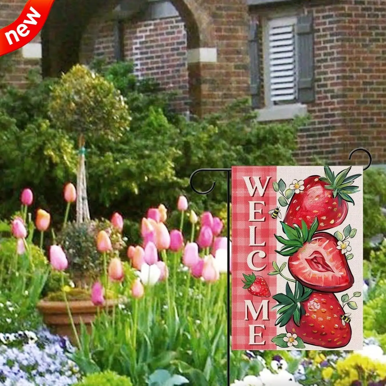 

Двусторонний садовый флаг с клубничным узором, красный, в клетку, для двора в стиле фермерского дома, для улицы, сезонный, на весну и лето, с надписью «Добро пожаловать»