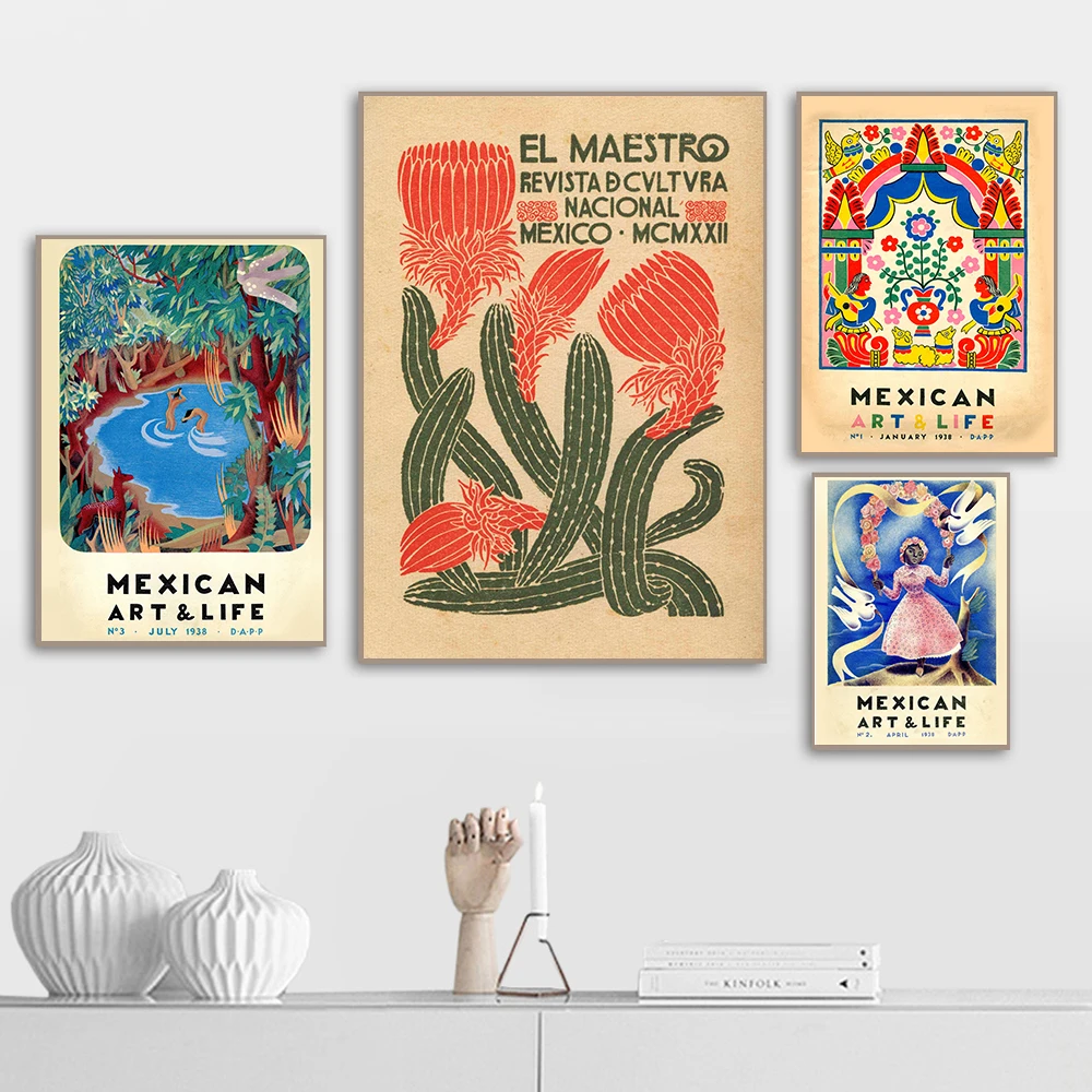 

Mexican Cactus Art Canvas Poster Retro Colorful Tropical Plant Wall Painting for Day of the Dead Party Living Room Decor