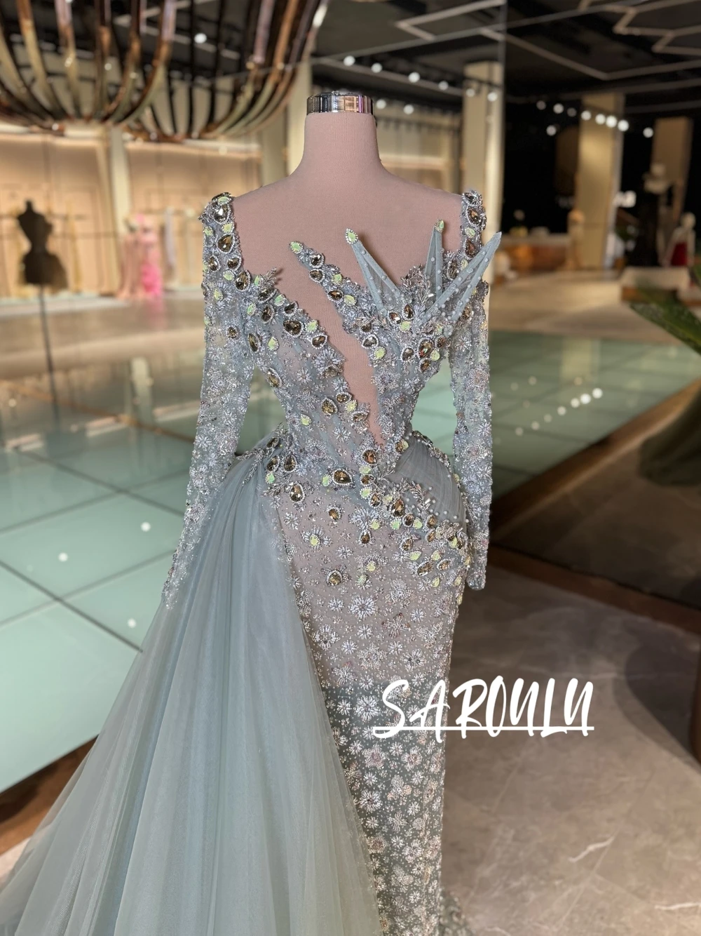 

New Luxury Beads Mermaid Evening Dress With Detachable Tulle Train Sheer Neck Formal Floral Embroidery Evening Gala Prom Gown