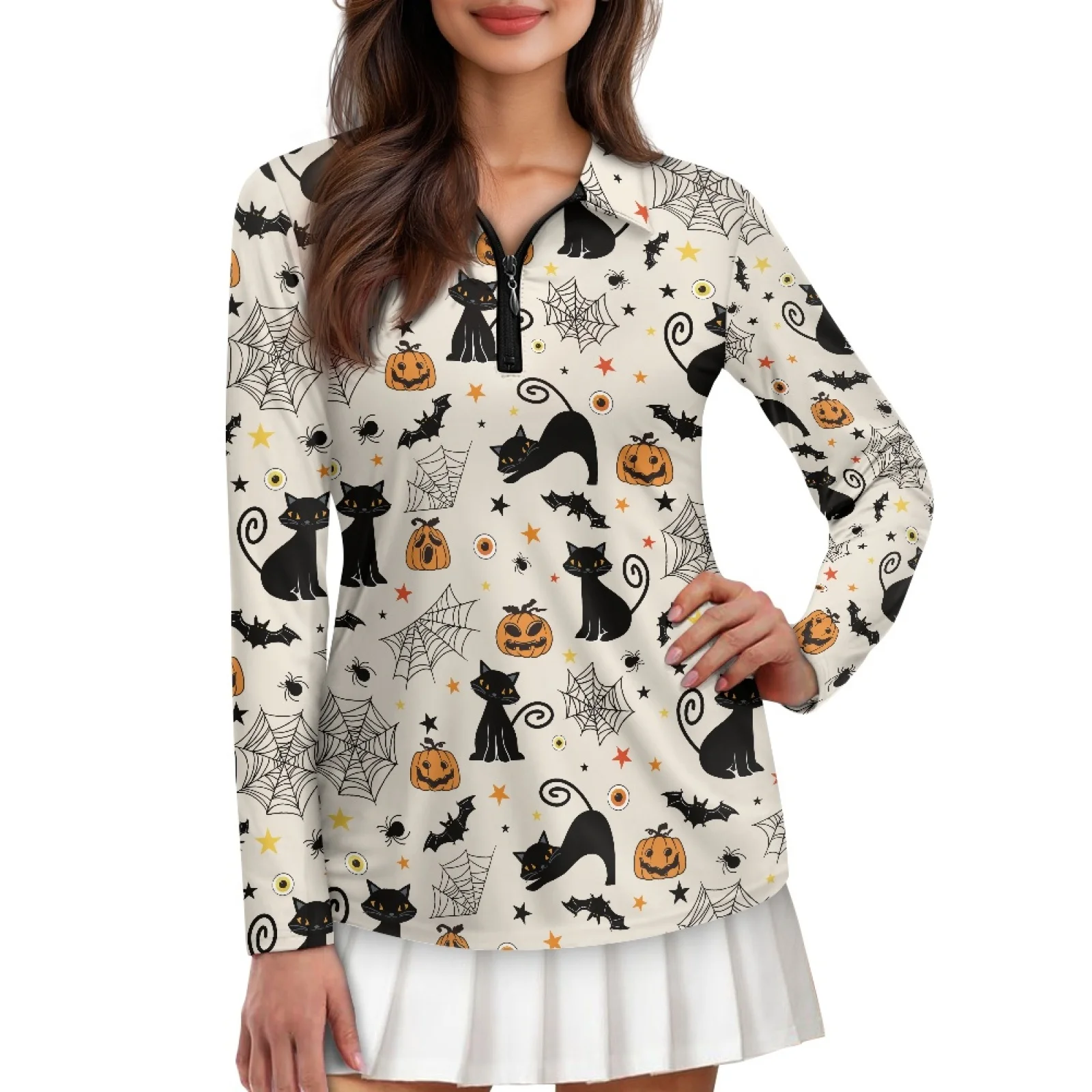 PENSTROLL Pumpkin Cat Print Womens Quick Dry Pullover Polo Tops Long Sleeve Tennis Activewear Blouses for Cycling