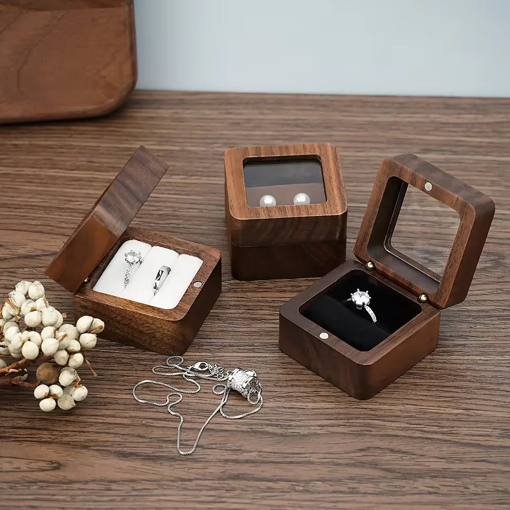 Solide Ringbox aus schwarzem Walnussholz, Einzel- und Doppelringbox, Ohrringbox, Manschettenknöpfe, Box, Vintage-Ringbox aus Holz, exquisite Geschenkbox