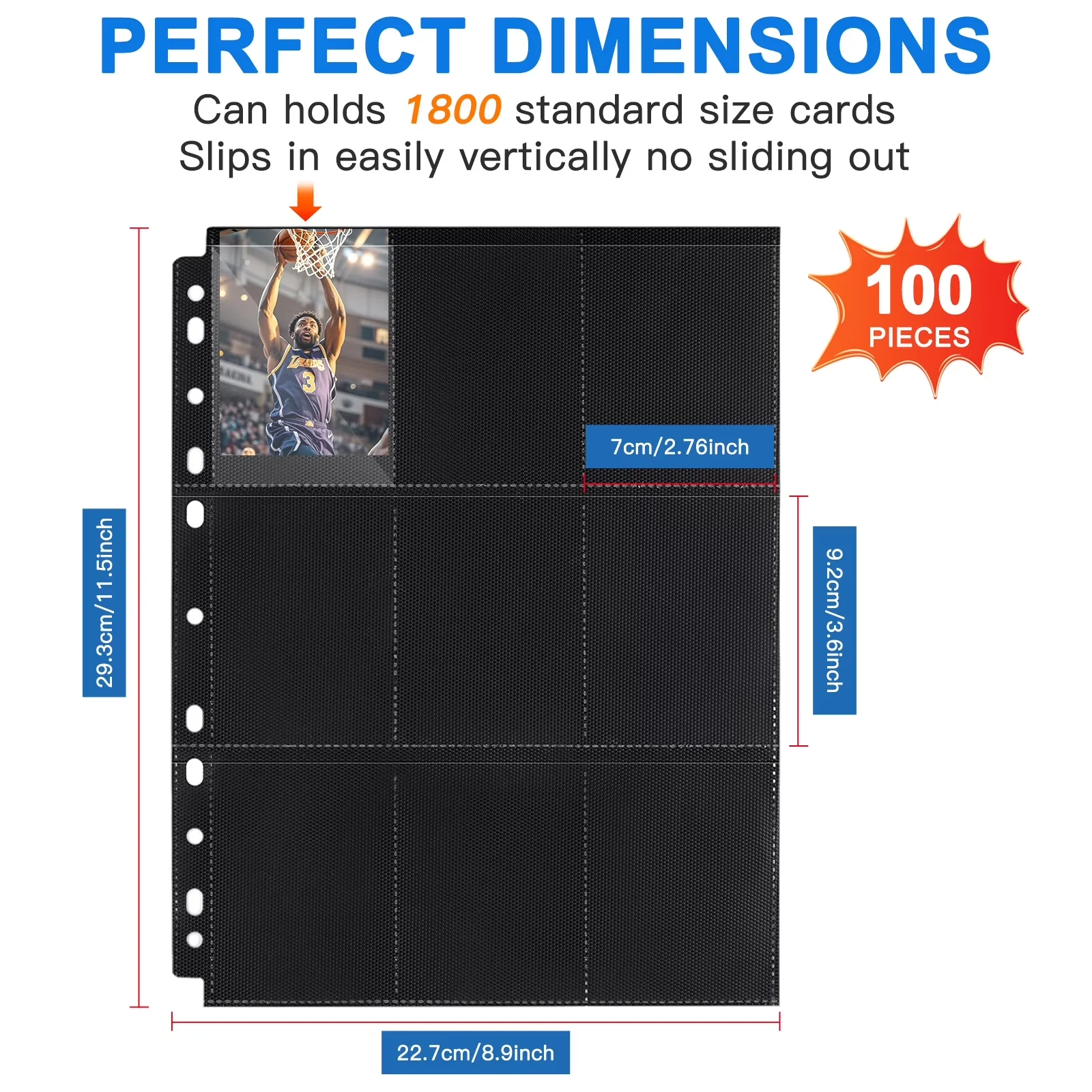100/200/300-Packaged Double-Sided Black Card Holder with 9-Hole Protection Sleeve 11-Ring Binding Fastener Page with 18 Pockets
