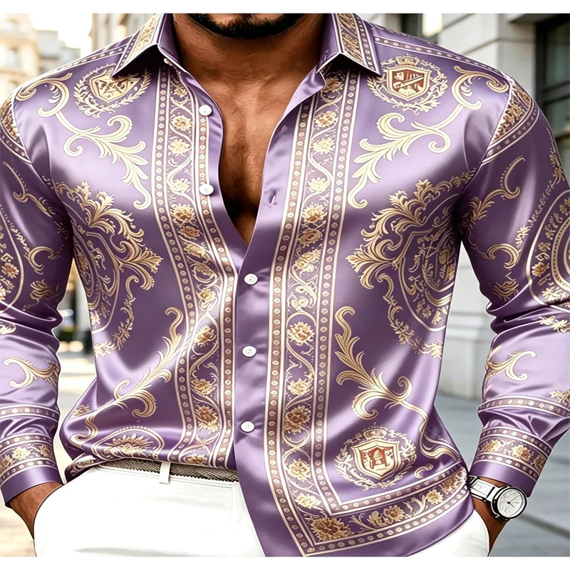 Luxury men's silky satin long-sleeved shirt, vintage Baroque style scroll coat of arms print button-down collar
