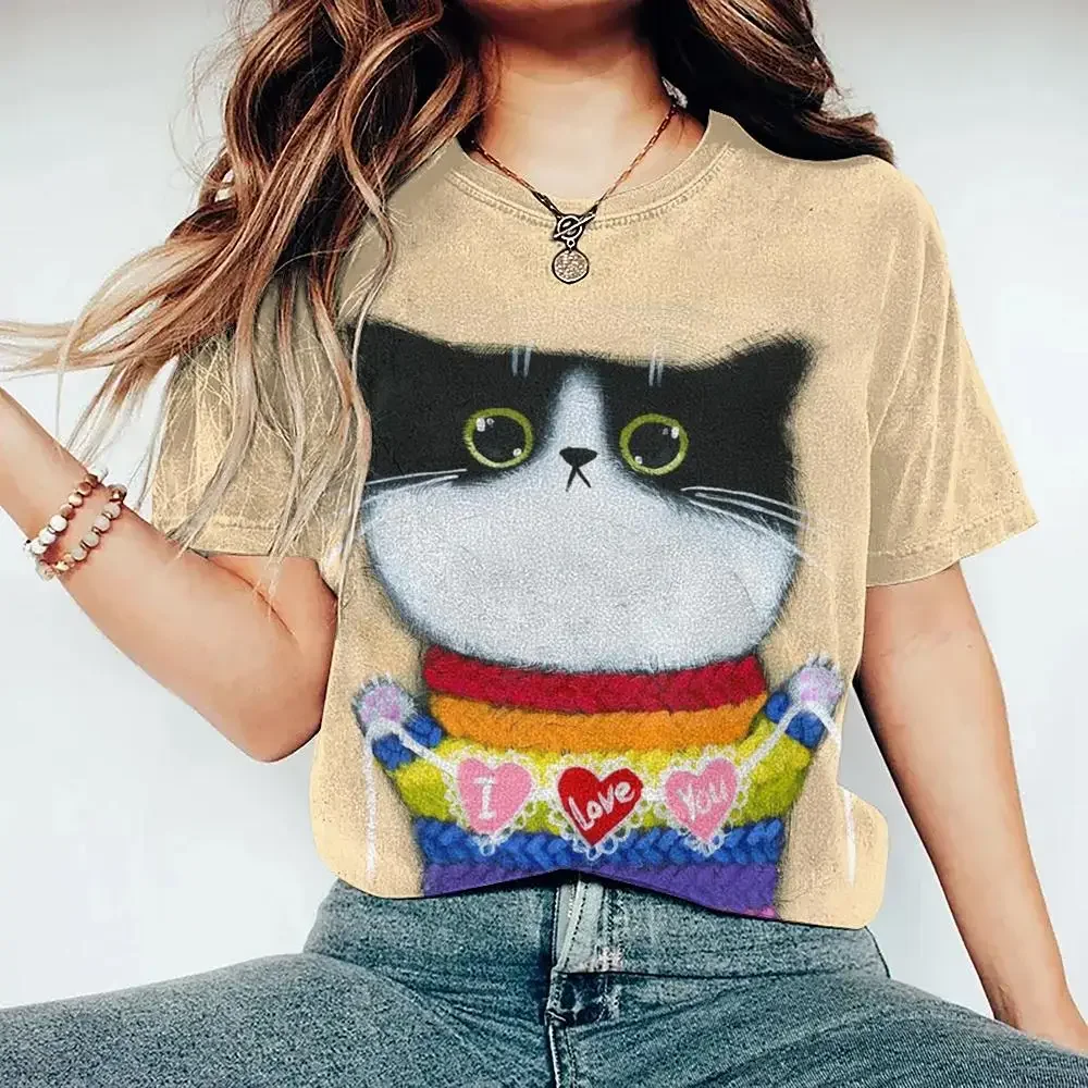 Casual Short Sleeve Tee Fashion Streetwear Cute Girl Female Oversized Clothing Women's T Shirt Cartoon Cat Pattern Print