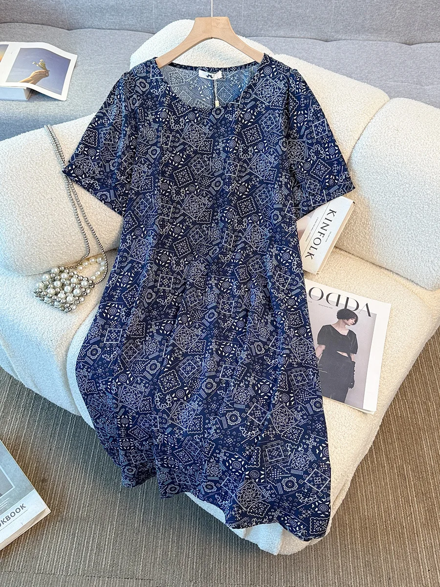 150 kg grote maten dames buste 155 zomer los trendy retro hoge taille a-lijn bloemenjurk marineblauw 5XL 6XL 7XL 8XL 9XL