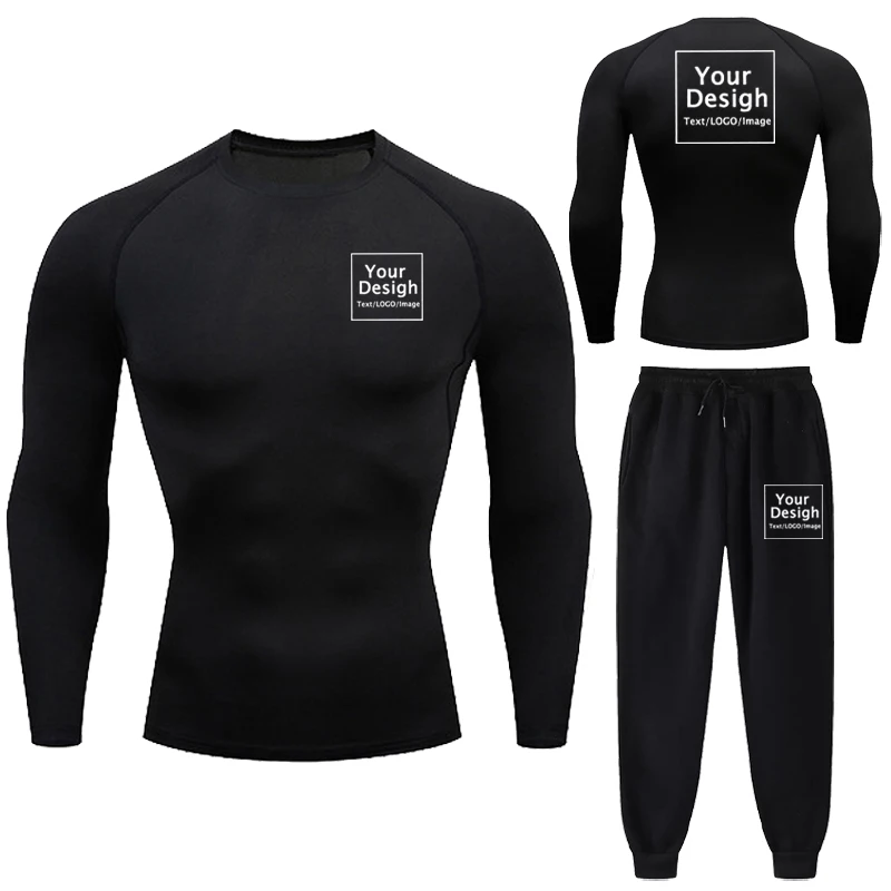 

New Custom Printed Men's Compression Set Your Design Logo Gym Shirt +Sports Pants Breathble Sportwear Quick Dry Jogging Suits