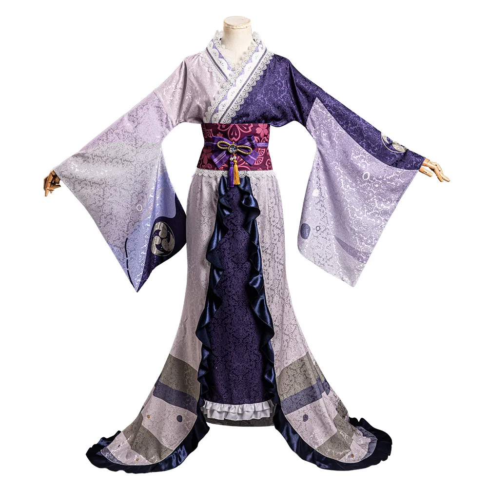 Genshin Impact Raiden Shogun Cosplay Traje para mulheres, vestido de quimono com cinto, roupas de Halloween, carnaval